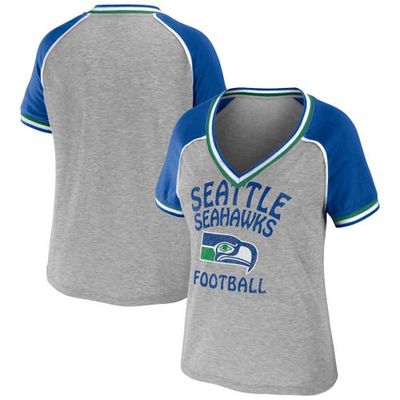 Women's WEAR by Erin Andrews Heather Gray Seattle Seahawks Cropped Raglan Throwback V-Neck T-Shirt