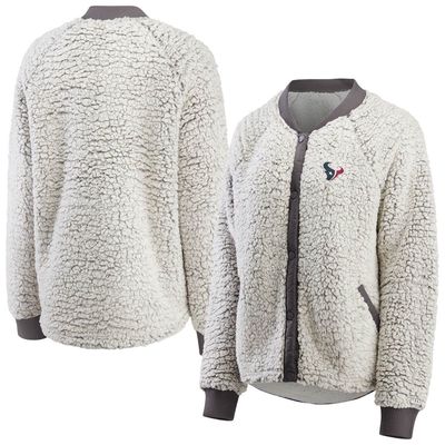 Women's WEAR By Erin Andrews Heathered Gray Houston Texans Sherpa Raglan Full-Snap Bomber Jacket in Heather Gray