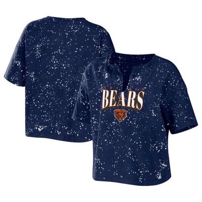 Women's WEAR by Erin Andrews Navy Chicago Bears Bleach Wash Splatter Notch Neck Cropped T-Shirt
