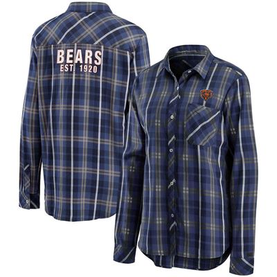 Women's WEAR By Erin Andrews Navy Chicago Bears Button-Up Plaid Long Sleeve Shirt