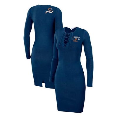 Women's WEAR by Erin Andrews Navy Chicago Bears Lace Up Long Sleeve Dress