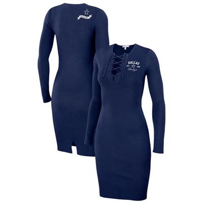 Women's WEAR by Erin Andrews Navy Dallas Cowboys Lace Up Long Sleeve Dress