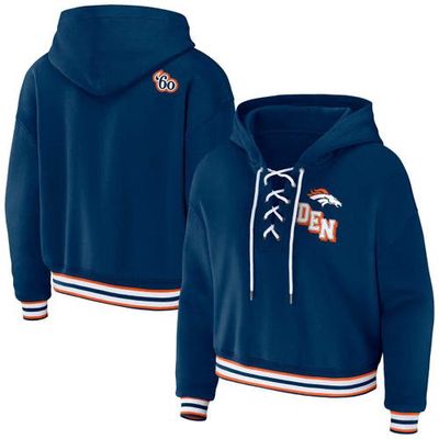Women's WEAR by Erin Andrews Navy Denver Broncos Lace-Up Pullover Hoodie