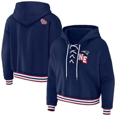 Women's WEAR by Erin Andrews Navy New England Patriots Lace-Up Pullover Hoodie