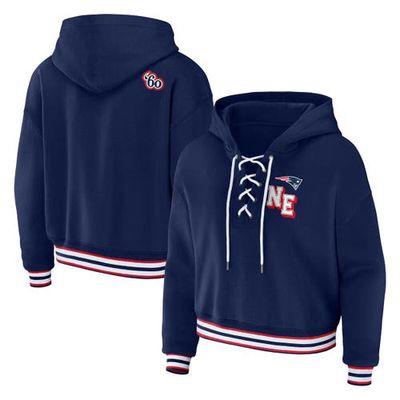 Women's WEAR by Erin Andrews Navy New England Patriots Plus Size Lace-Up Pullover Hoodie