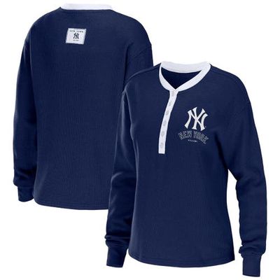 Women's WEAR by Erin Andrews Navy New York Yankees Waffle Henley Long Sleeve T-Shirt