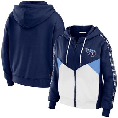 Women's WEAR by Erin Andrews Navy/White Tennessee Titans Color Block Light Weight Modest Crop Full-Zip Hoodie