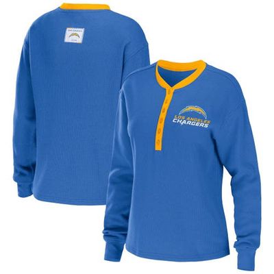 Women's WEAR by Erin Andrews Powder Blue Los Angeles Chargers Waffle Henley Long Sleeve T-Shirt
