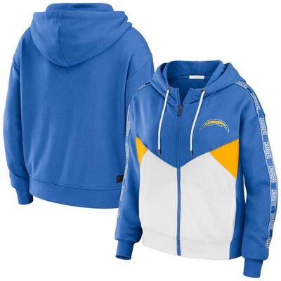 Women's WEAR by Erin Andrews Powder Blue/White Los Angeles Chargers Color Block Light Weight Modest Crop Full-Zip Hoodie