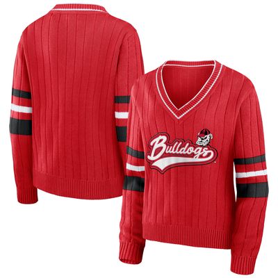 Women's WEAR by Erin Andrews Red Georgia Bulldogs Script Sleeve Stripe V-Neck Pullover Sweater