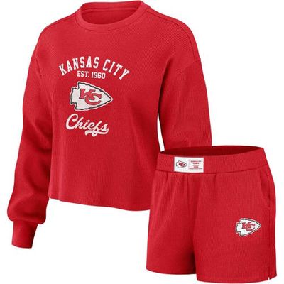 Women's WEAR by Erin Andrews Red Kansas City Chiefs Waffle Knit Long Sleeve T-Shirt & Shorts Lounge Set