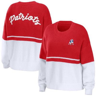 Women's WEAR by Erin Andrews Red/White New England Patriots Chunky Script Wordmark Pullover Sweater