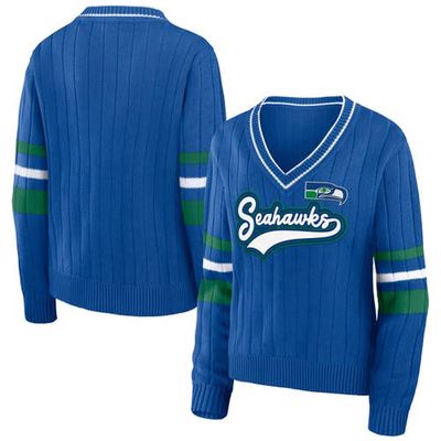Women's WEAR by Erin Andrews Royal Seattle Seahawks Throwback V-Neck Sweater