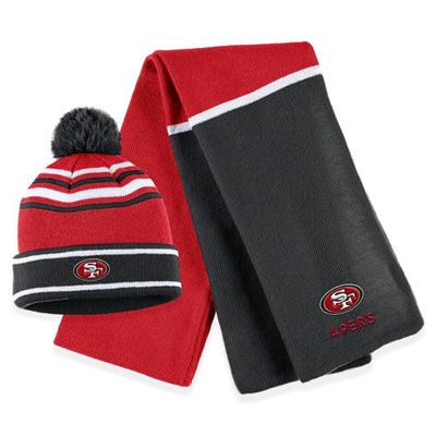 Women's WEAR by Erin Andrews Scarlet/Black San Francisco 49ers Colorblock Cuffed Knit Hat with Pom and Scarf Set