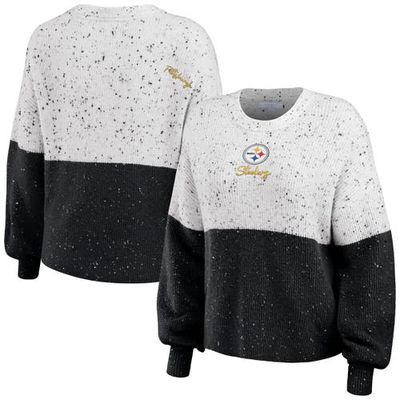 Women's WEAR by Erin Andrews White/Black Pittsburgh Steelers Color-Block Pullover Sweater