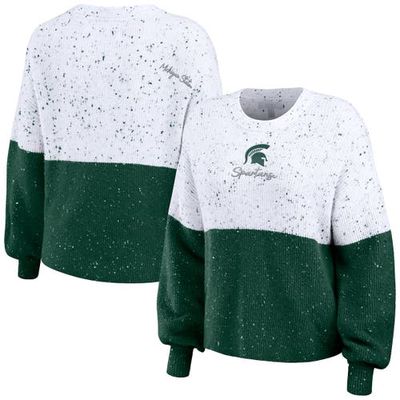 Women's WEAR by Erin Andrews White/Green Michigan State Spartans Colorblock Script Pullover Sweater