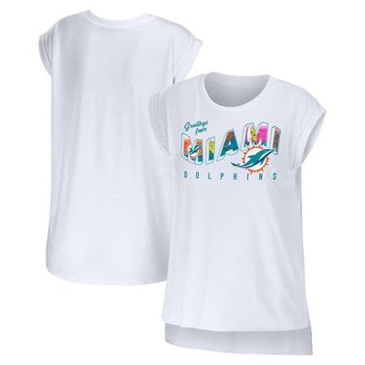 Women's WEAR by Erin Andrews White Miami Dolphins Greetings From Muscle T-Shirt