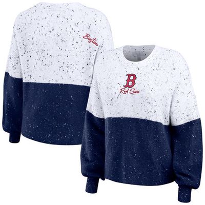 Women's WEAR by Erin Andrews White/Navy Boston Red Sox Color Block Script Pullover Sweater