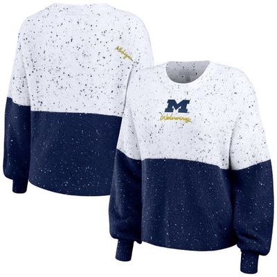 Women's WEAR by Erin Andrews White/Navy Michigan Wolverines Colorblock Script Pullover Sweater