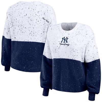 Women's WEAR by Erin Andrews White/Navy New York Yankees Color Block Script Pullover Sweater