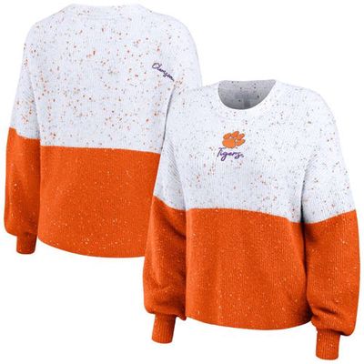 Women's WEAR by Erin Andrews White/Orange Clemson Tigers Colorblock Script Pullover Sweater