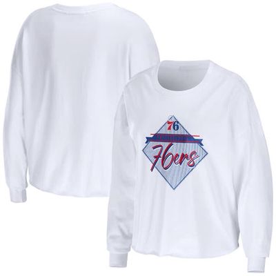 Women's WEAR by Erin Andrews White Philadelphia 76ers Cropped Long Sleeve T-Shirt