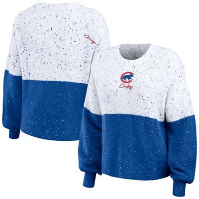 Women's WEAR by Erin Andrews White/Royal Chicago Cubs Color Block Script Pullover Sweater
