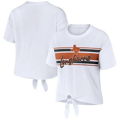 Women's WEAR by Erin Andrews White Texas Longhorns Striped Front Knot Cropped T-Shirt