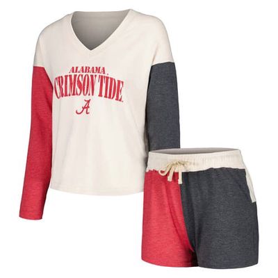 Women's Wes & Willy Cream Alabama Crimson Tide Colorblock Long Sleeve V-Neck T-Shirt and Shorts Set