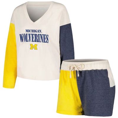 Women's Wes & Willy Cream Michigan Wolverines Colorblock Tri-Blend Long Sleeve V-Neck T-Shirt & Shorts Sleep Set
