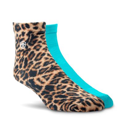 Women's Wild Thing Ankle Socks 2 Pair Multi Color Pack in Leopard Print Sky Blue Spandex/Polyester by Ariat
