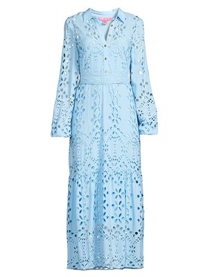 Women's Zia Eyelet-Embroidered Maxi Dress - Hydra Blue Soiree Eyelet - Size 0