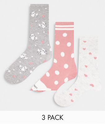 Women'secret 3 pack crew socks with cat and spot print in multicolor