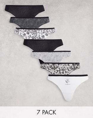 Women'secret 7 pack cotton thongs in monochrome flower and spot print-Multi