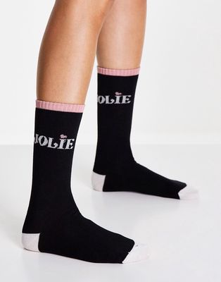 Women'secret crew sock with jolie slogan detail in black-Multi