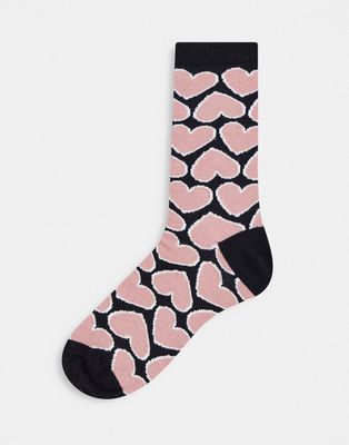 Women'secret heart print ankle socks in black/pink