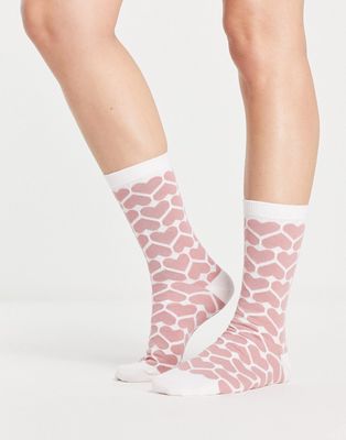 Women'secret heart print ankle socks in cream/pink-Multi