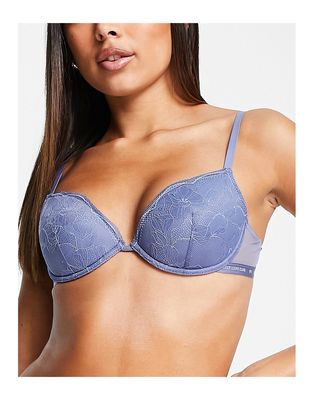 Women'secret lace padded plunge push up bra with slogan elastic detail in blue-Blues