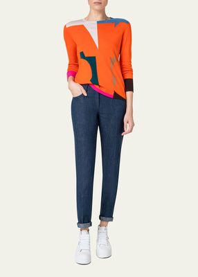 Wool-Blend Knit Sweater with Colorblock Intarsia Detail