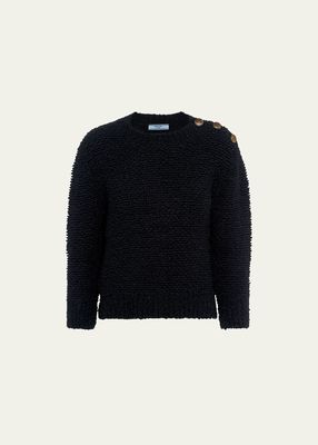 Wool Boucle Knit Sweater with Shoulder Buttons