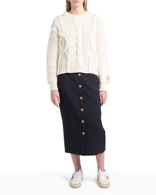 Wool Button-Front Pencil Midi Skirt