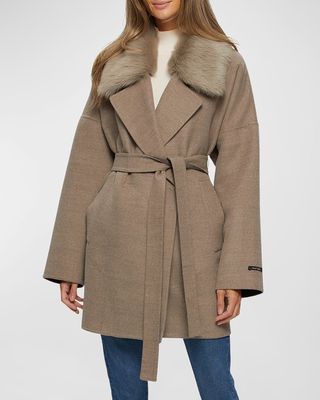 Wool-Cashmere Belted Jacket With Detachable Toscana Shearling Lamb Collar Trim