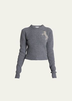 Wool Knit Sweater with Embroidered Chain Horse