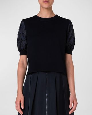 Wool Knit Top with Embroidered Bishop Sleeves