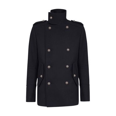 Wool military pea coat with double-breasted silver-tone buttoned fastening