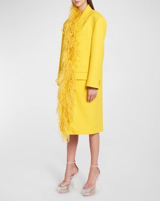 Wool Trench Coat with Feather Embroidery