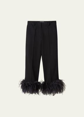 Wool Wide Leg Pants with Feather Trim