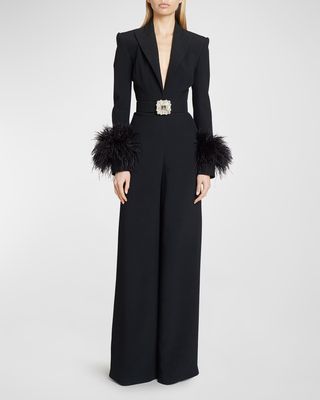 Woven Belted Jumpsuit with Feather Cuffs and Crystal Detail