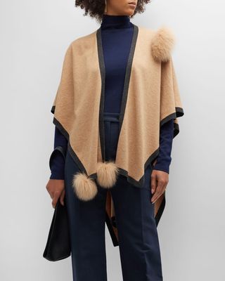 Woven Cashmere Wrap With Fox Fur Poms