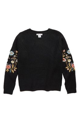 WOVEN HEART GIRLS Woven Heart Embroidered Sleeve Sweater in Black